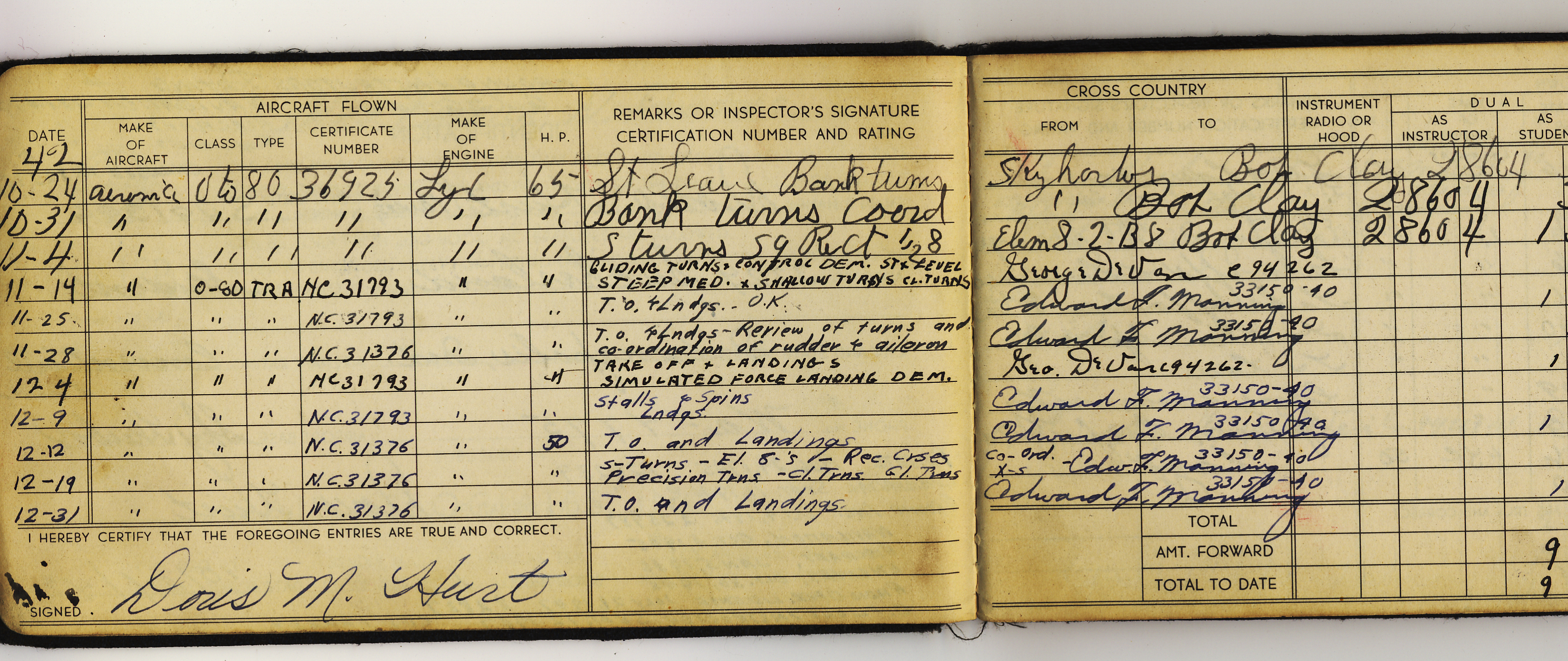 1942, Flight Log Book of Doris Hurt, age 15
